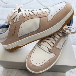 NEW! $750 Santoni “Haniel” Italian Leather Paneled Cream and White Sneakers 10.5